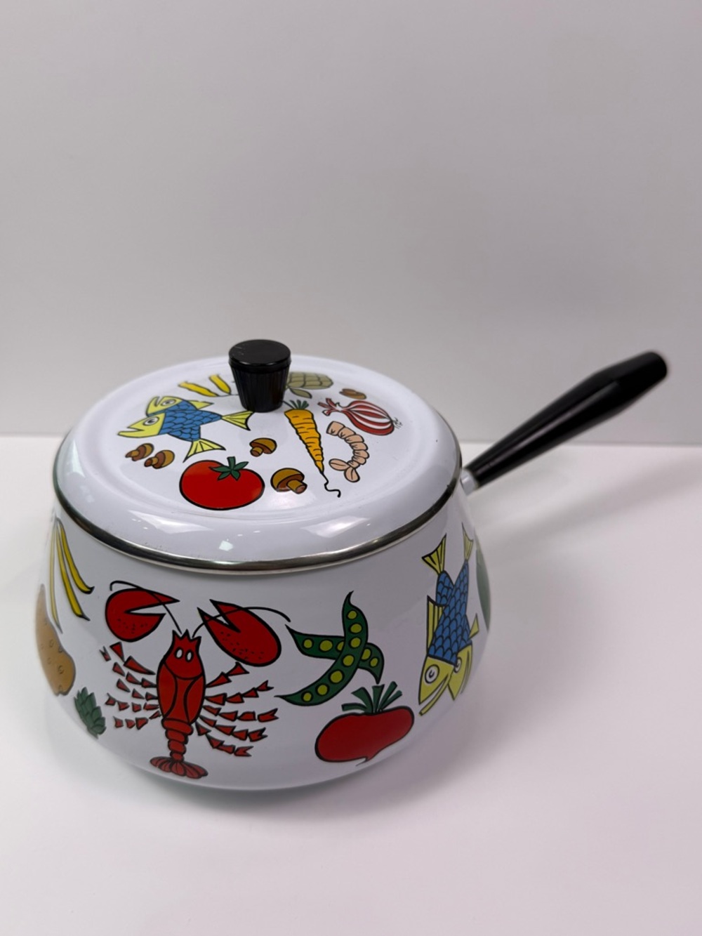 Vintage 70’s San Ignacio Enamel Fondue Pot Lid Seafood Vegetable Print No Stand